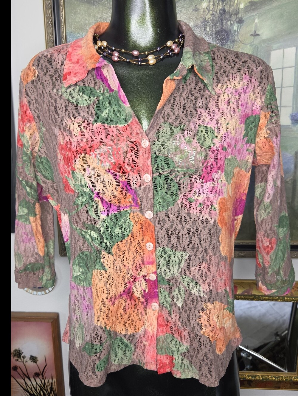 Only Hearts NYC Lace Sheer Floral Three Quarter Sleeve Button Up Blouse Medium